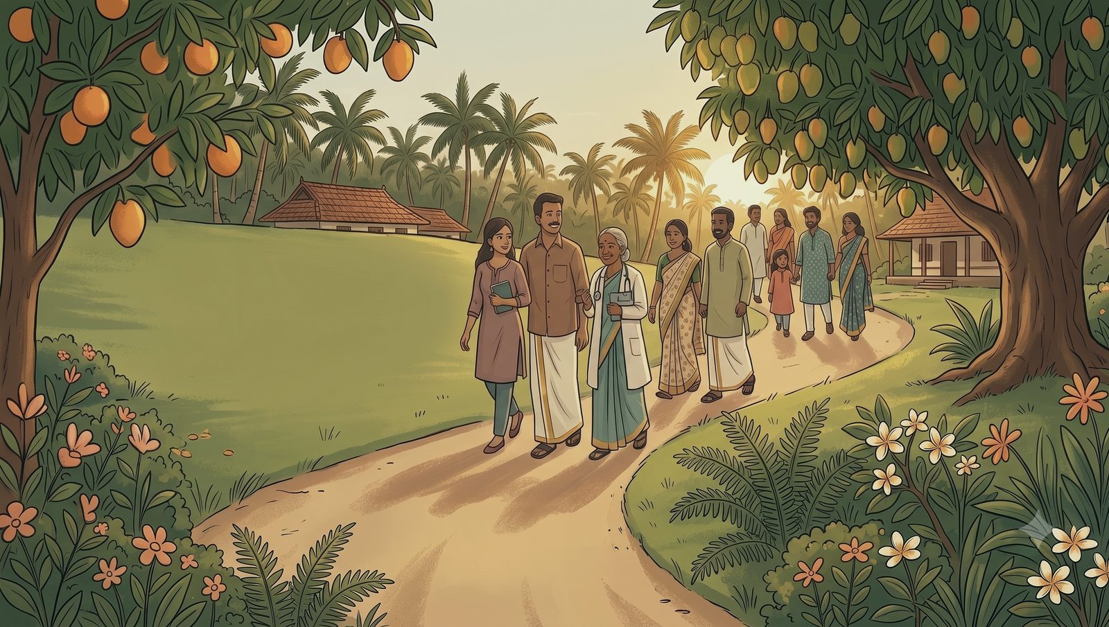 A doctor walking with families along a path in Kerala, under mango trees.